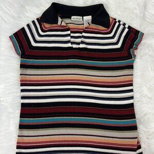 White Stag Women Vintage Multicolor Stripe Knit Short Sleeve Polo Top Sz Small